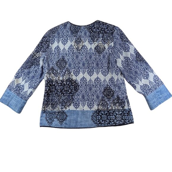 Coldwater Creek Full Zip Jacket Womens 12 Blue Linen Lined Classic Embroidered - Picture 2 of 11